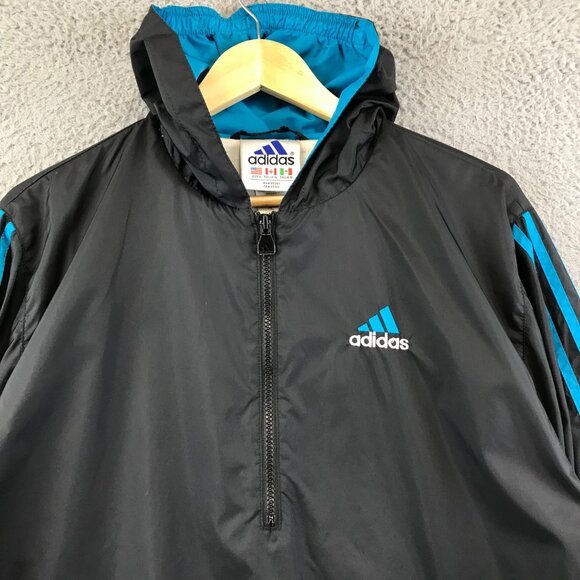 VINTAGE Adidas Jacket Mens size Large Black Blue Windbreaker Hooded jacket - Picture 3 of 10